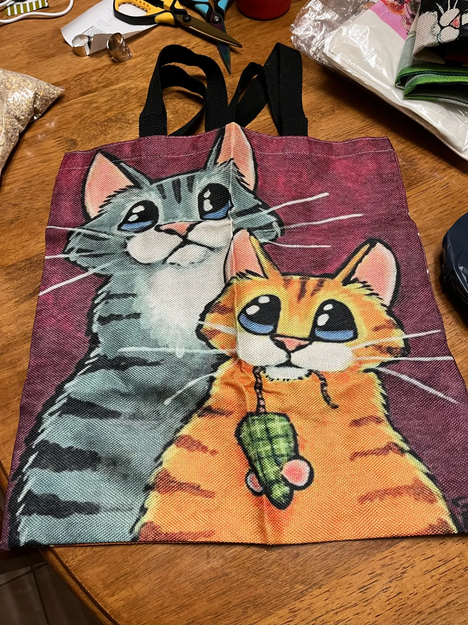 Charming Cat Cartoon Linen Tote: Casual, Shopping, Outdoor Bag