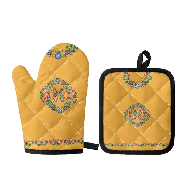 Mexican Folk Art Embroidery Style Vector Pattern With Flowers Kitchen Oven Gloves