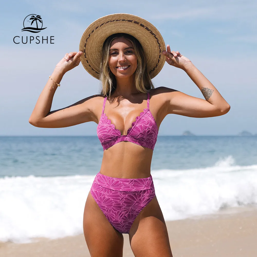CUPSHE – maillot de bain imprimé Jacquard, modèle Floral, festonné, taille  haute, ensemble deux pièces, Sexy, pour femmes, vêtements de plage, 2023