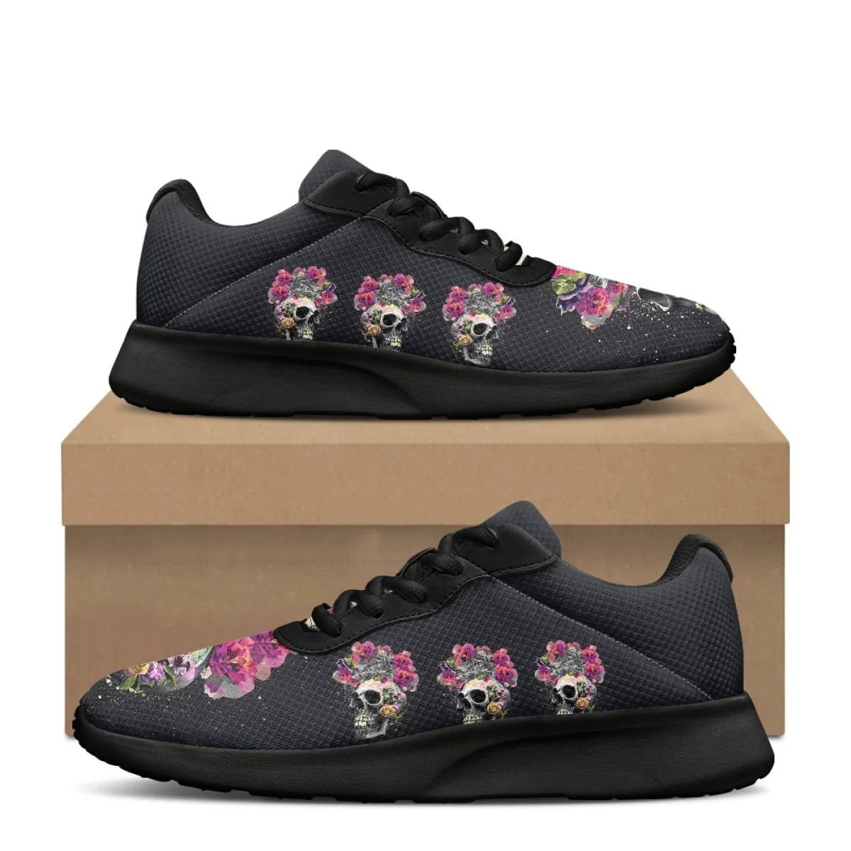 

Skull and Flowers Print Casual Durable Sneakers for Women Brand Designer Cozy Outdoor Sneakers Men's Training Basketball Shoes