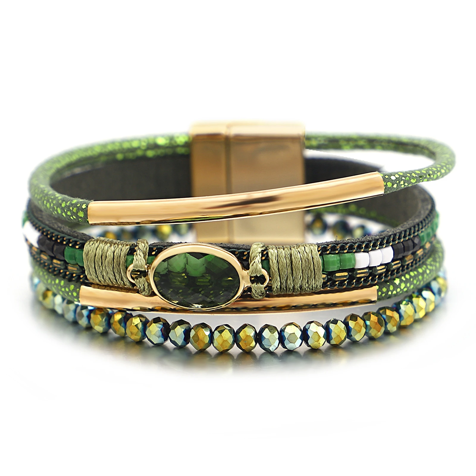 ALLYES Charm-Kristallstein-Perlen-Lederarmband für Frauen, Retro-Metallrohr, handgefertigt, geflochten, mehrschichtig, Wickelarmbänder, Schmuck