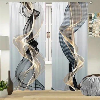 2 Pcs Abstract Art Curtains Black Gold Streamline Pattern Living Room Bedroom Window Decorative Curtains Modern Minimalist Style 1
