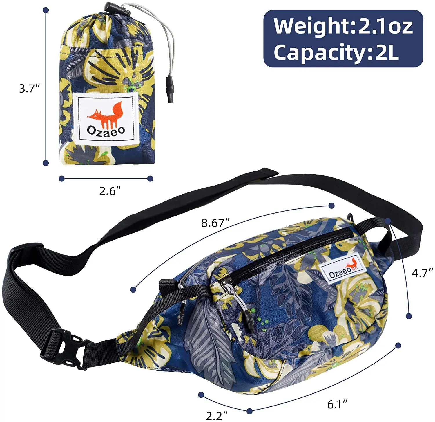 2L travel waist bag, water resistant, lightweight, hiking fanny pack with 3 zipper pockets and adjustable strap 4