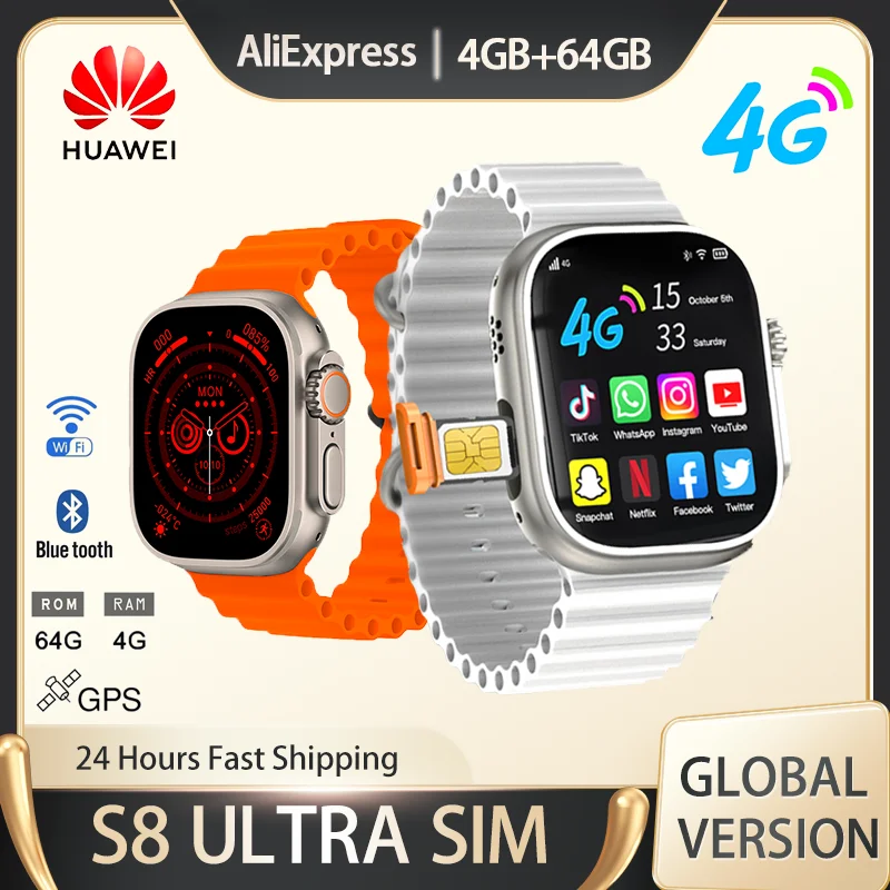 Indtil nu Forbavselse nål Huawei S8 Ultra Smart Watch 4G SIM Card Network 4G+64G NFC Google App  Android 10 HD Large Screen Series 8 Men Smartwatch 2023 - AliExpress