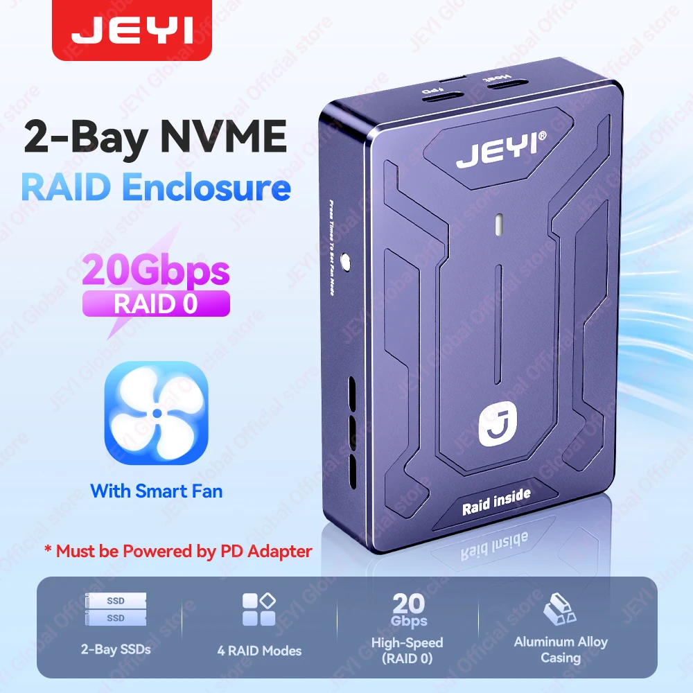 JEYI 2베이 M.2 NVMe RAID 인클로저 USB 4.0+RAID0(20Gbps) /썬더볼트 4/3(10Gbps) 호환 스마트 팬 4 RAID 모드 최대 16TB