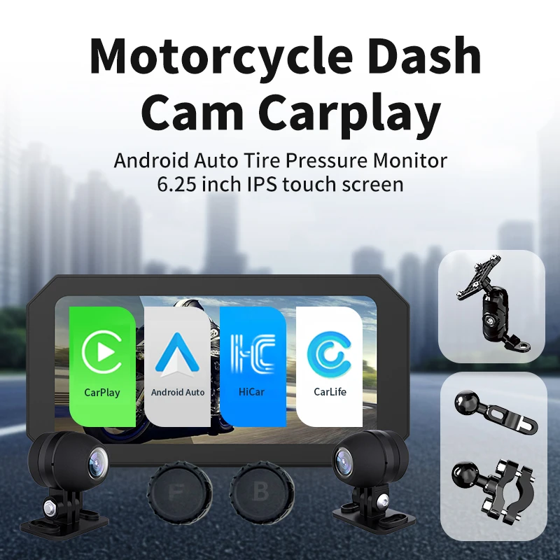 Enhanced Safety 6.25 Inch GPS Navigator for Motorcycles Wireless CarPlay with Front and Rear Cameras TPMS