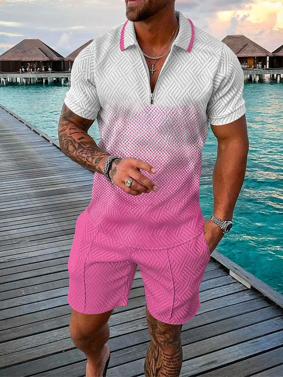 2022 new summer men's fashion zipper polo shirt + shorts suits casual street outdoor seaside men's suits high quality plus size