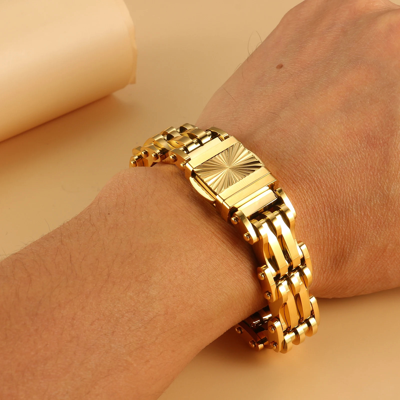 남성용 스택 골드 팔찌, 316L 스테인레스 스틸 링크 체인 팔찌, 쉬운 푸시 버튼, 18mm 와이드 지배 액세서리