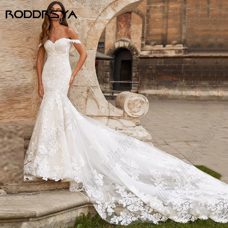 

RODDRSYA Off Shoulder Mermaid Wedding Dresses For Women Sweetheart Lace Bride Gowns Buttons Backless Appliques Vestido De Novia
