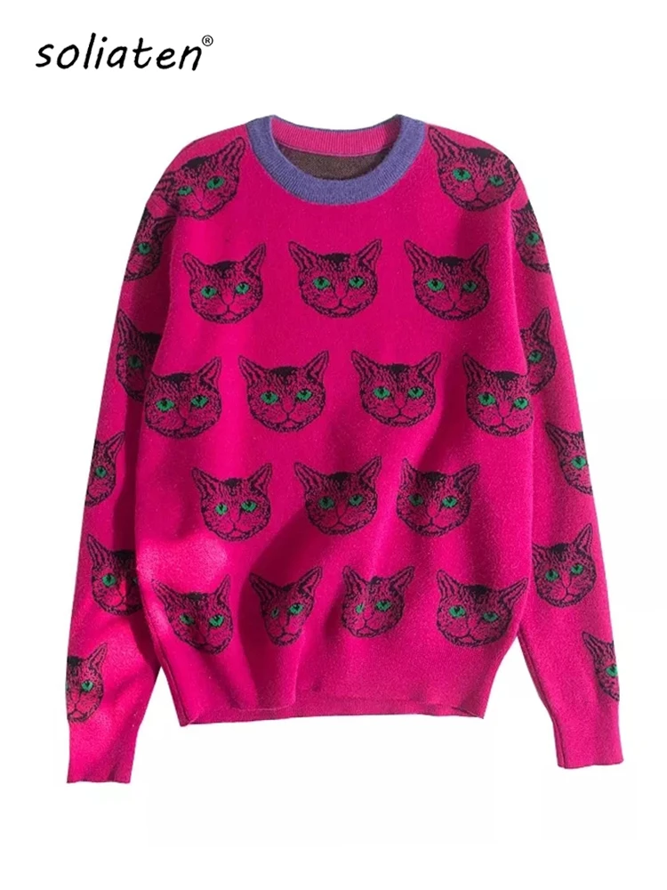High Quality Runway Designer Cat Print Knitted Sweaters Pullovers Women ...