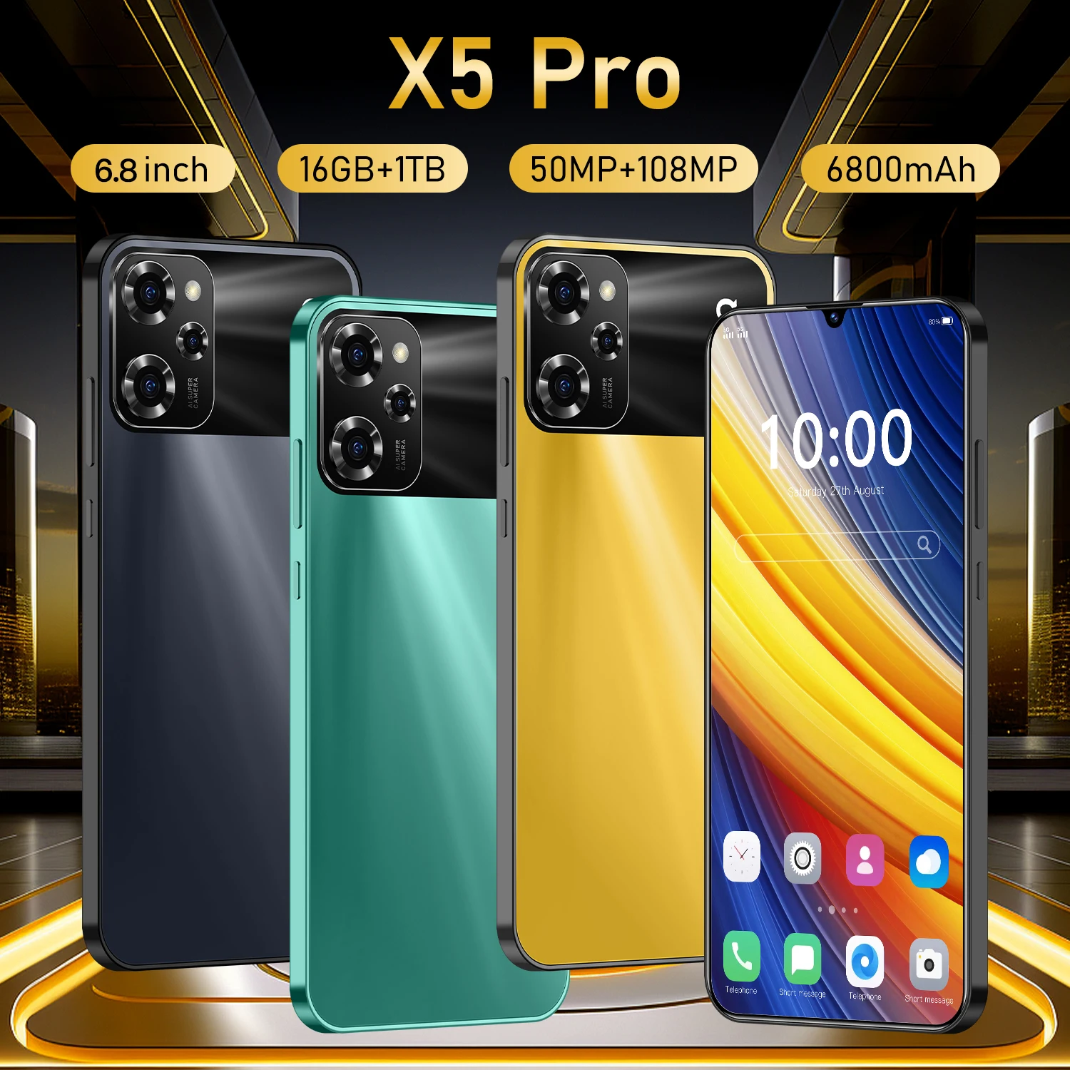  휴대폰 X5 프로 7.0 HD 스크린 스마트폰, 16G + 1T 5G 듀얼 심 셀룰라, 안드로이드 언락 108MP 6800mAh 휴대폰