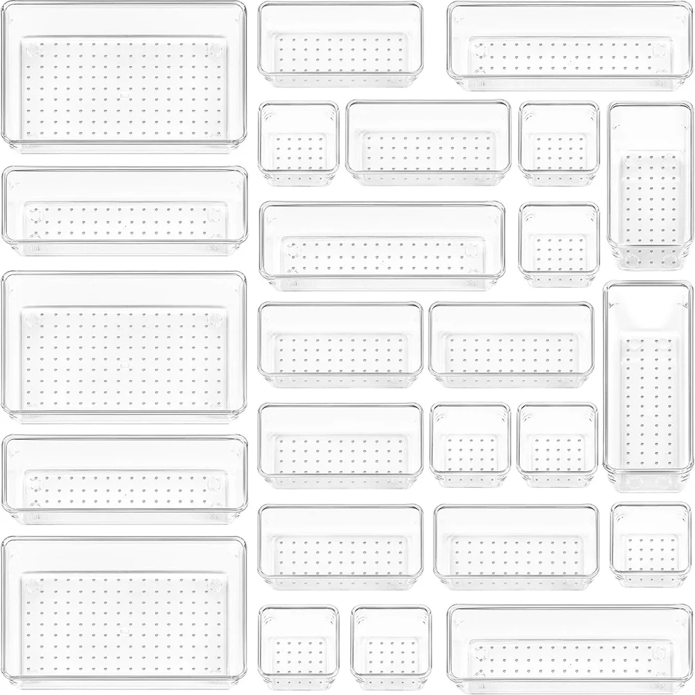 25 יחידות מארגן מגירות פלסטיק שקוף, 4 גדלים רב-תכליתיים לארגון מגירות בחדר האמבטיה