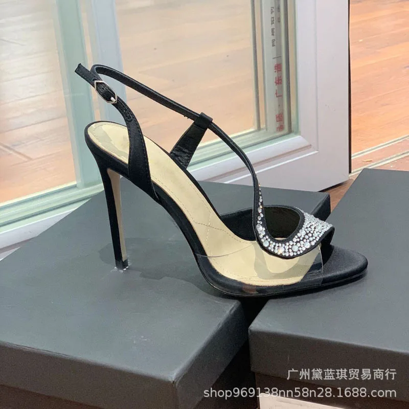 

Ladies Stiletto High Heel PVC Slingback Peep Toe Sandals Black Satin Rhinestone Hollow Sandals Buckle Strap Women Fashion Shoes