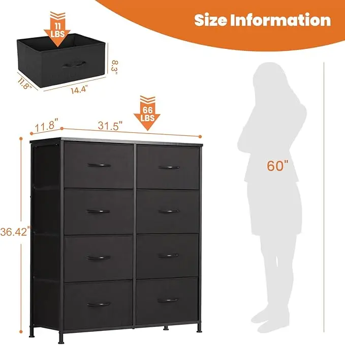 8 - Storage - Drawer Dresser for Bedroom. Tall Large Fabric Storage Tower Organizer. Chest of Drawers with Metal Frame & Wooden 2