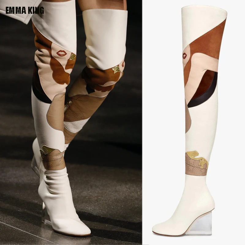 

2022 Women White Thigh High Boots Over The Knee Boots Fashion New Print Autumn Winter Shoes For Women Plus Size 43 Crystal Heel