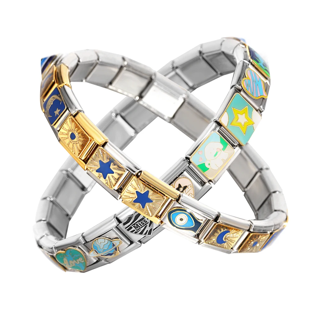 Trendy Stars Moon Sun Blue Lucky Eyes Italian Charm Links DIY Stainless Steel Chain Bracelet For Women Men Jewelry Making Gift 5