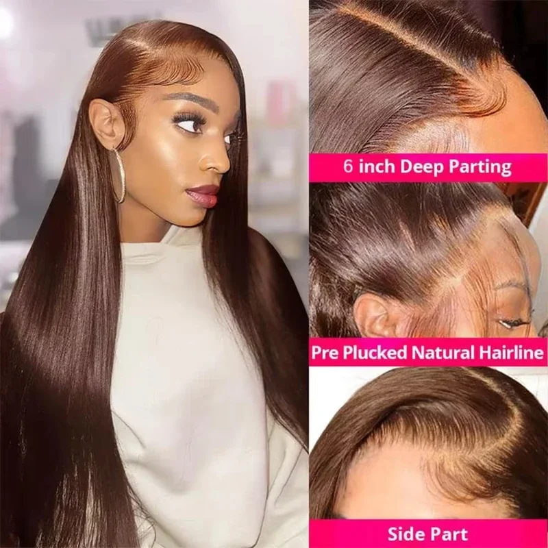 13x4 HD Chocolate Brown Bone Straight Lace Front Wig 32 Inch Lace Frontal Wig Human Hair Pre Plucked #4 Colored Human Hair Wig 3