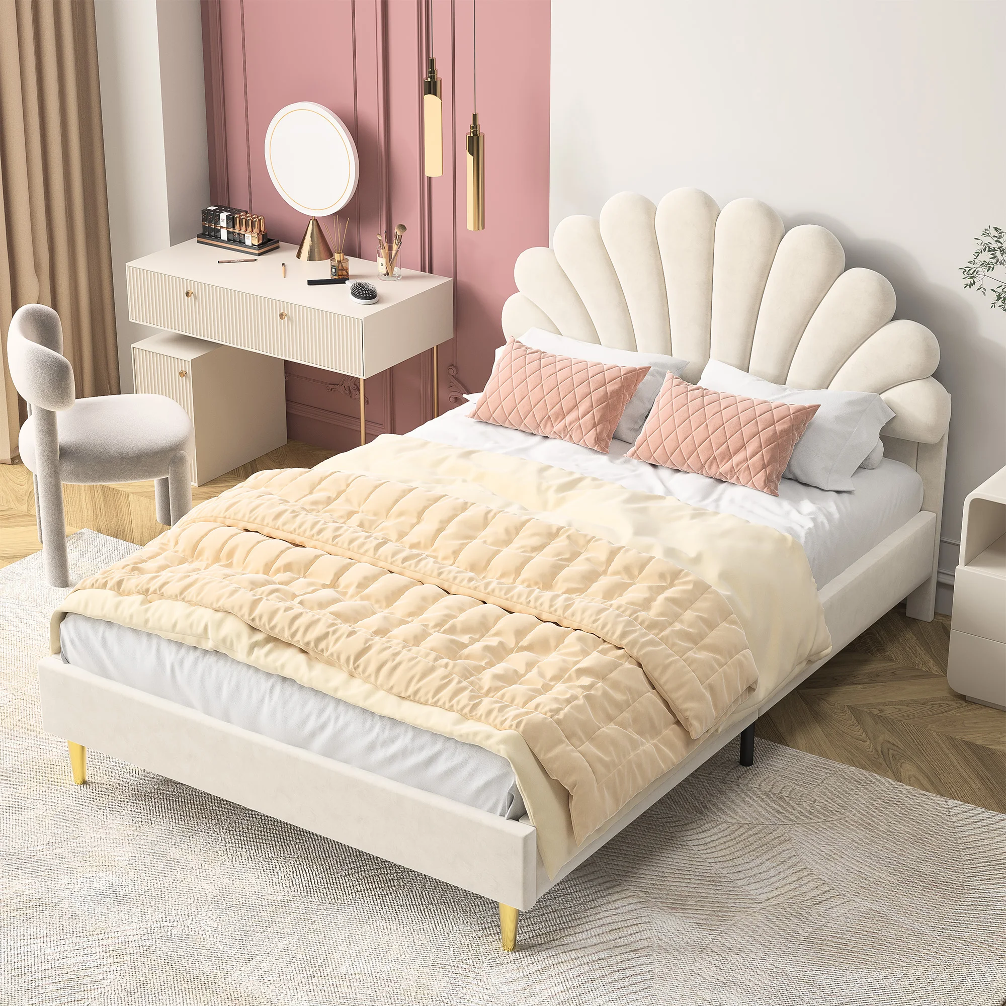 Rosahqnda Kinderbett Einzelbett Polsterbett 90x200cm, Blumenförmiges Kopfteil und Lattenrost,Samtstoff,Mädchenbett,Ohne Matratze – Detail 29
