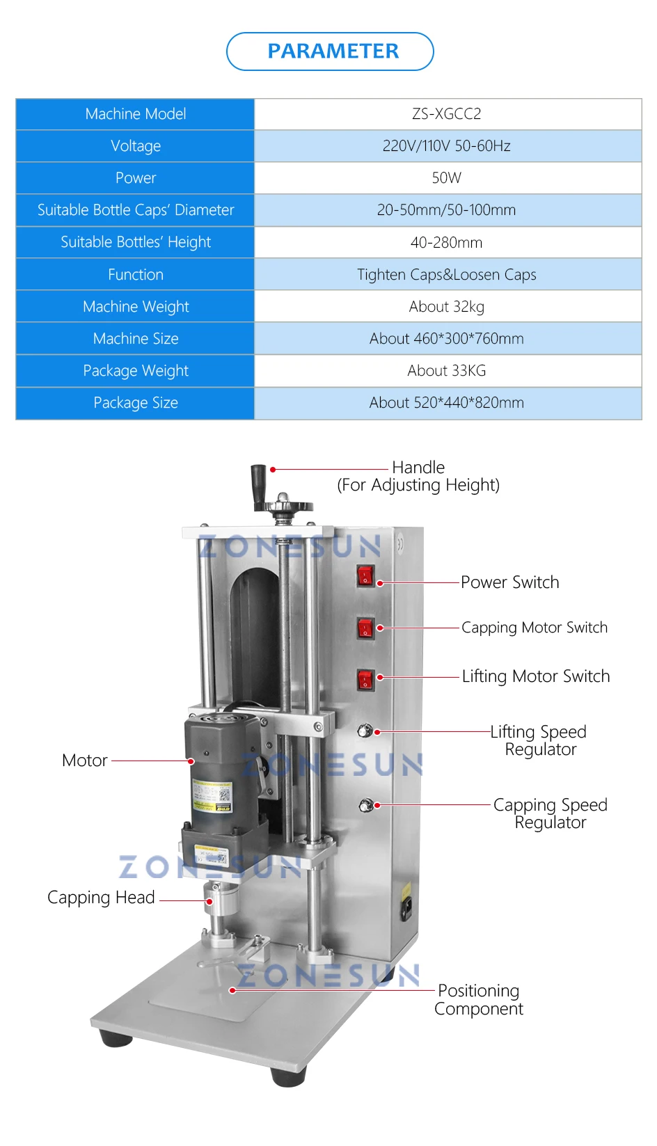 ZONESUN ZS-XGCC2 Apriete la máquina tapadora de botellas