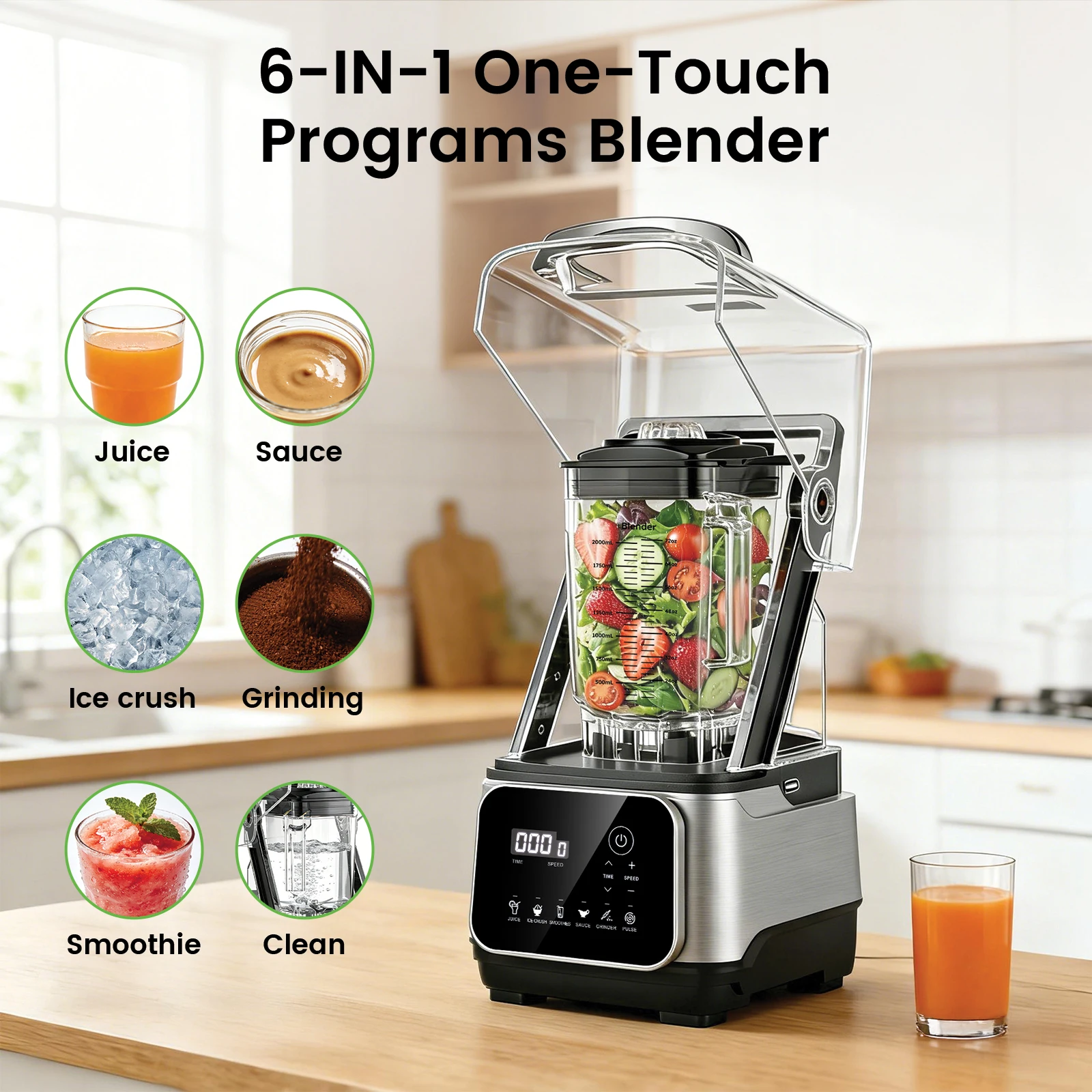 68oz Commercial Blender with Quiet Shield 2200W 6 in 1 Countertop Food Processor Easy Cleaning, for Juice, Ice Shakes, Smoothies 3