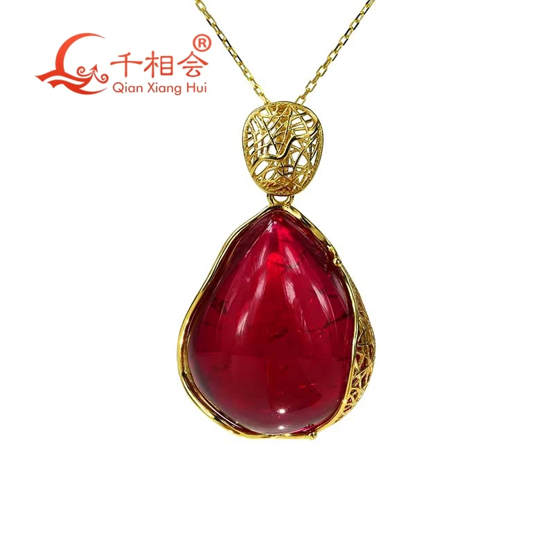 

yellow color 925 silver Fashion 25*30mm 72ct pear with inclusions corundum red Artificial ruby Jewelry for Pendant Necklace