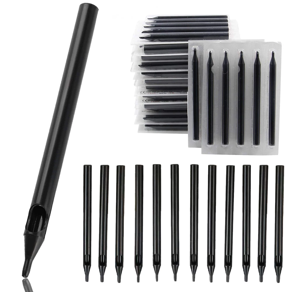 50PCS Disposable Tattoo Needles Tips Assorted Sterilized Black Long Tattoo Tip Tubes for Tattoo Machine Grip Tubes and Kits