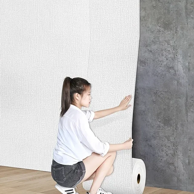 วอลเปเปอร์ติดผนังลายผ้าลินิน 3 มิติ โฟม PVC สีพื้น หนา กันน้ำ ขนาด 50 ซม. x 10 ม. สำหรับตกแต่งผนัง 1