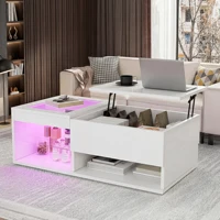 Table Basse Relevable avec Éclairage LED, 100x55x35-50cm, Table Basse Blanche Brillante , Table de Salon Rectangulaire avec Compartiments Cachés et Rangement Ouvert, Table d'appoint Moderne pour Salon et Chambre 7