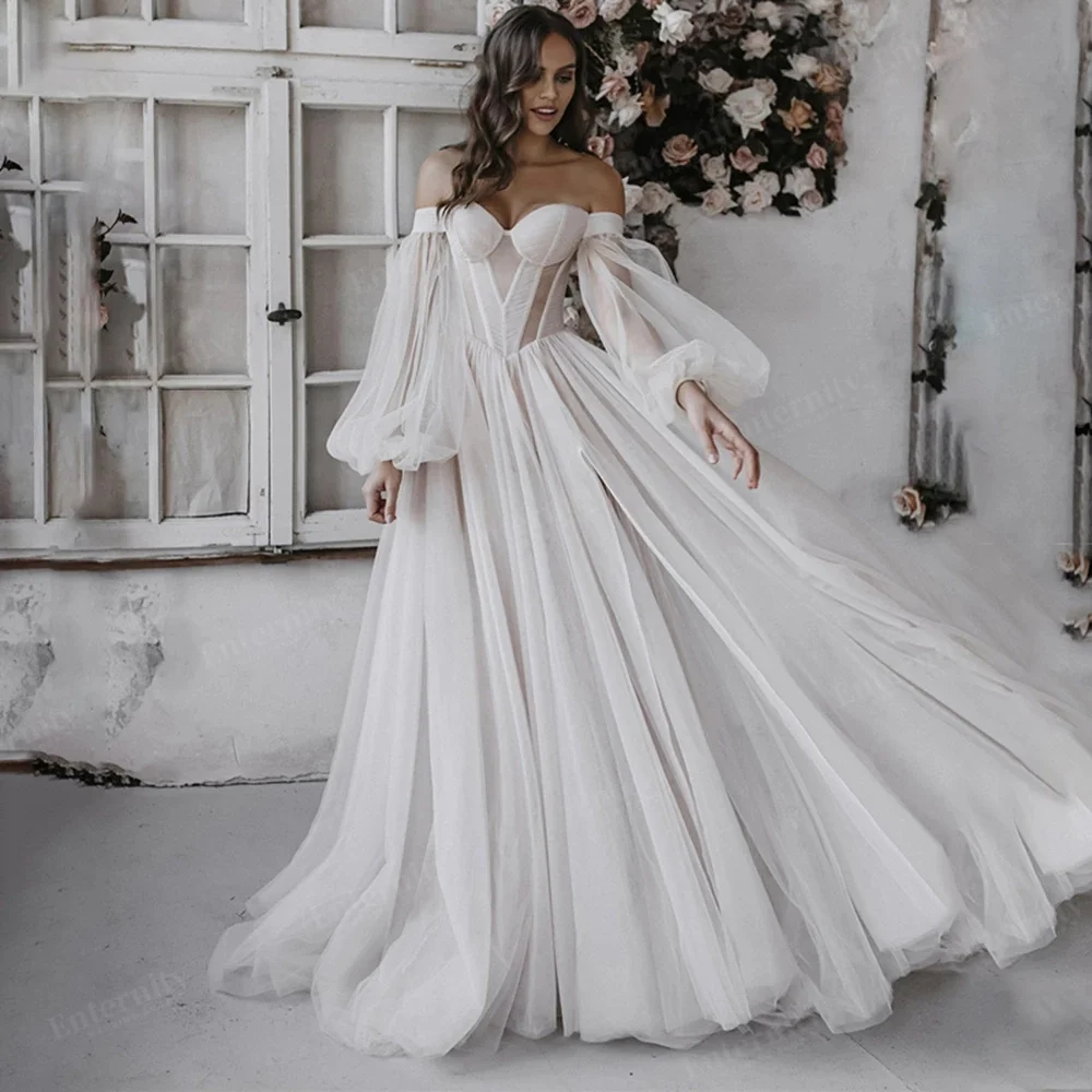 Customized Off The Shoulder Wedding Dress A Line 3/4 Puff Sleeve For Women 2022 Bride Bow Back Robe De Soirée De Mariage Custom 3
