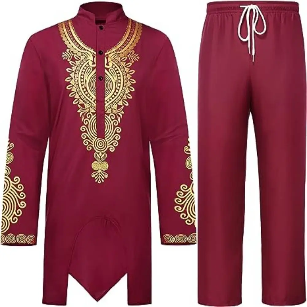 

YND Men's 2-piece African Dashiki Banquet Essential Traditional Tribal Distinctive patterned Shirt and Pants Set Gold print set