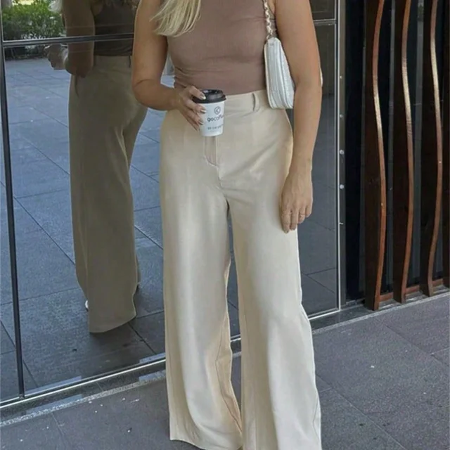 Calca Pantalona Aalfaitaria Lisa Em Estilo Sem Faixa Com Anel Fino