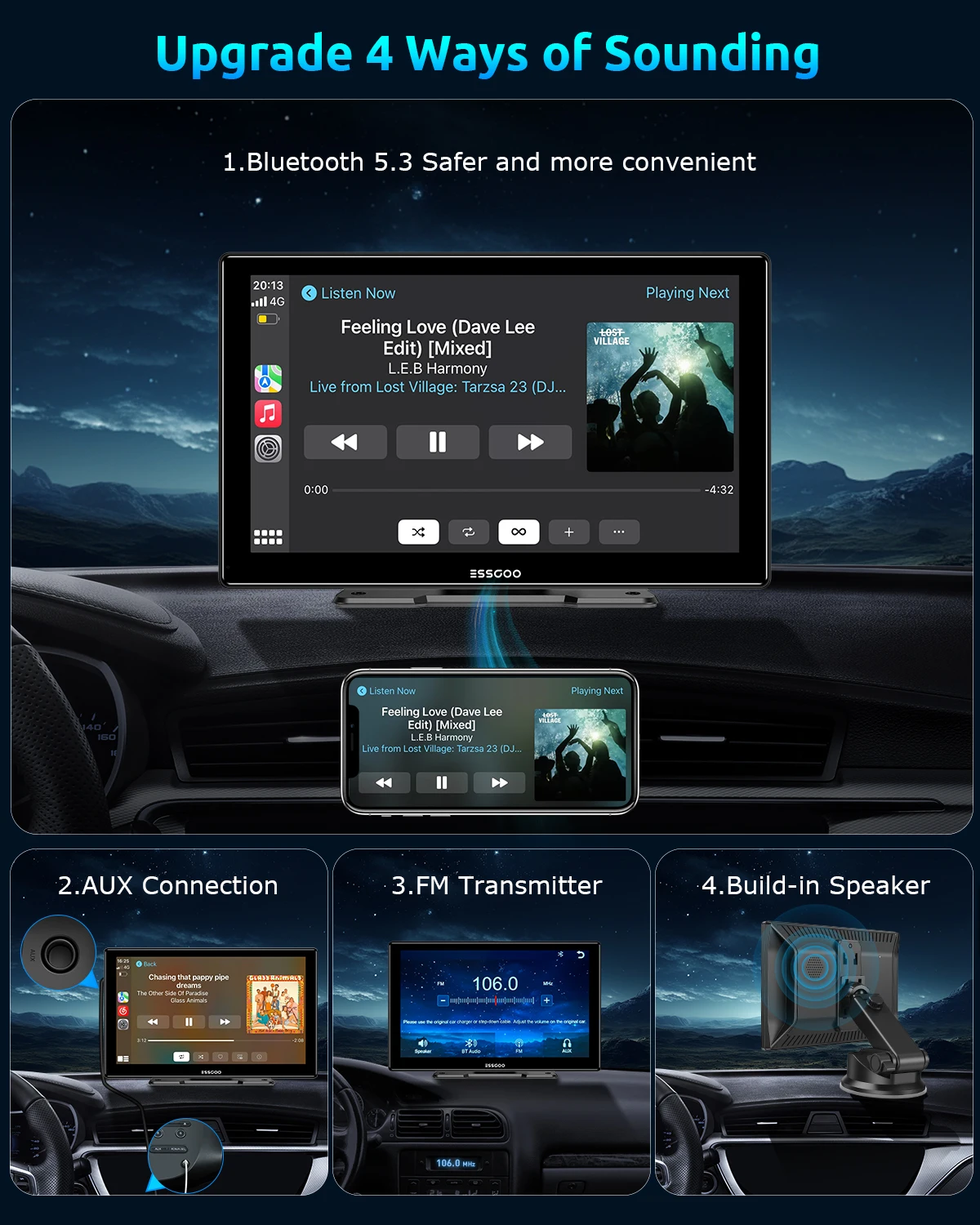 ESSGOO Radio estéreo universal para coche con pantalla táctil IPS de 9 pulgadas, Carplay portátil, Android Auto, Mirror Link, AUX, FM, USB, Bluetooth, control del volante 7