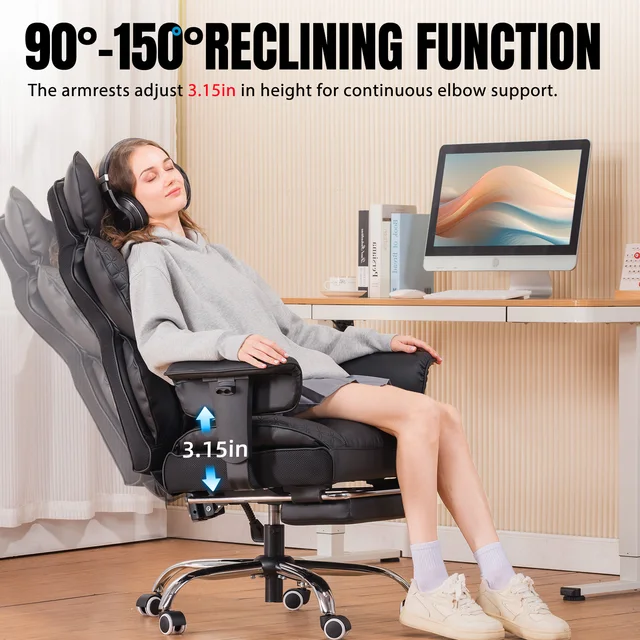 Office Chair Ergonomic Leather High Back Gaming Chair with Footrest, Adjustable Armrests