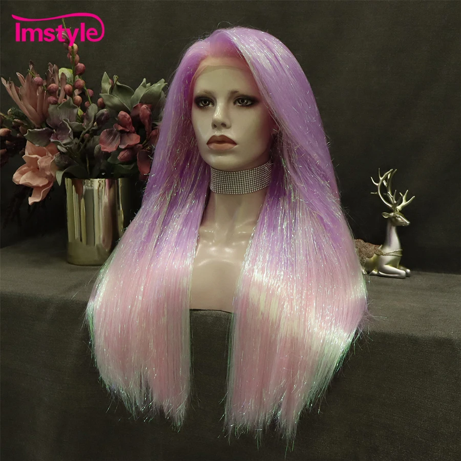 Imstyle Tinsel Lace Wig Pink Ombre Synthetic Lace Front Wig Long Straight Wigig Costume Party Wigs
