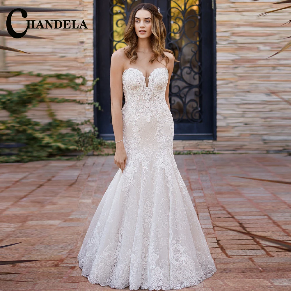 

CHANDELA Geaceful Wedding Dresses Scoop Pleat Trumpet Sleeveless Appliques Bridal Gown Vestidos De Novia Personalised For Women