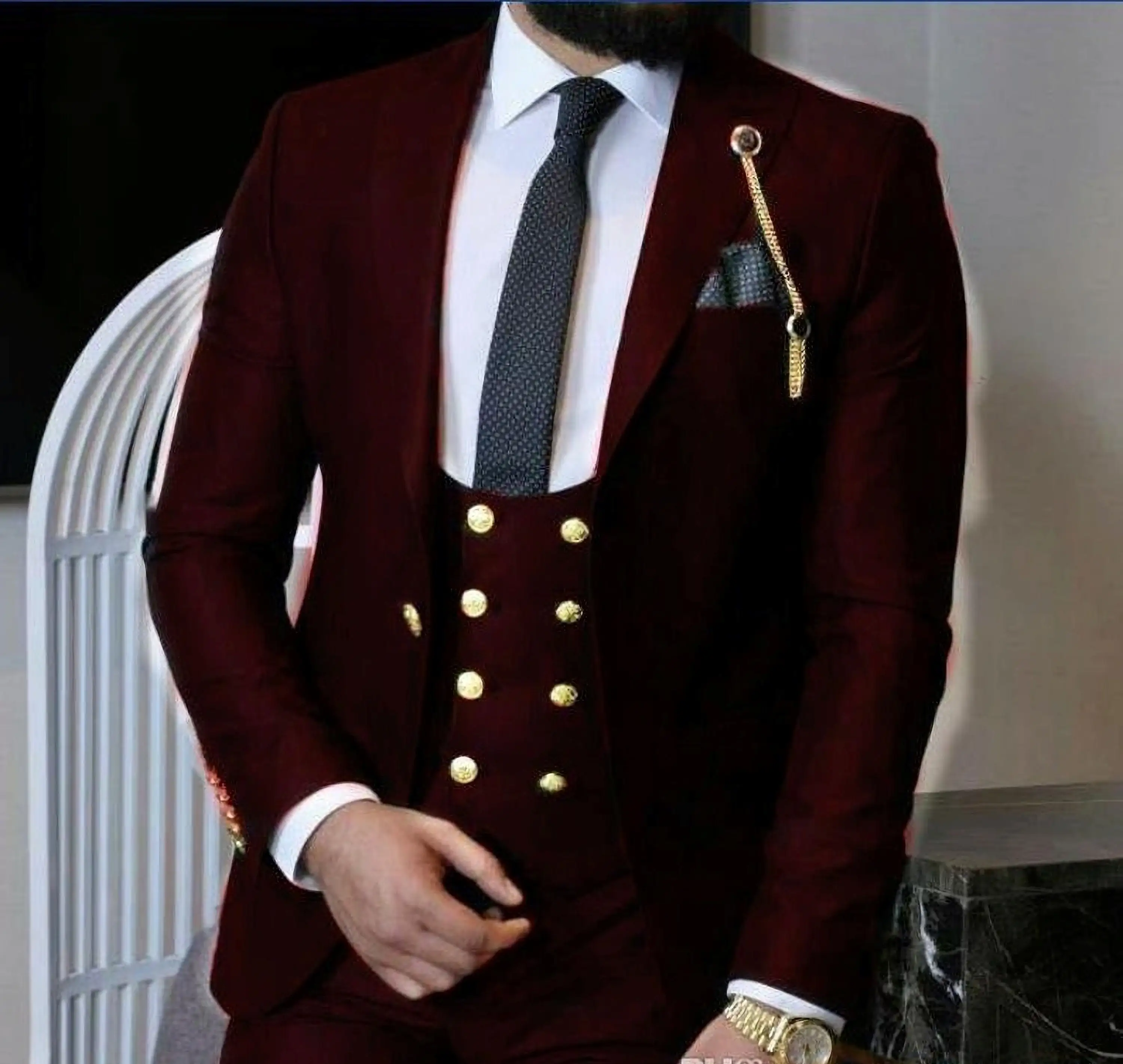 

2023 Latest Coat Pant Design Burgundy Velvet Men Suit Formal Double Breasted Wedding Custom Made Groom Prom Tuxedo Three Pieces
