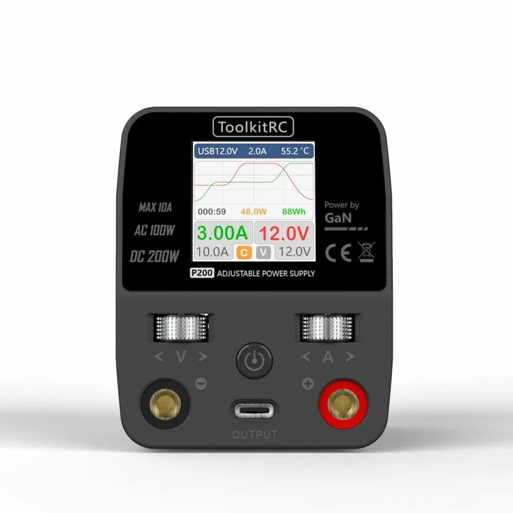 ToolkitRC P200 Mini 30V AC100W DC200W 10A GaN Adjustable Mini Desktop Power Supply USB Output 1