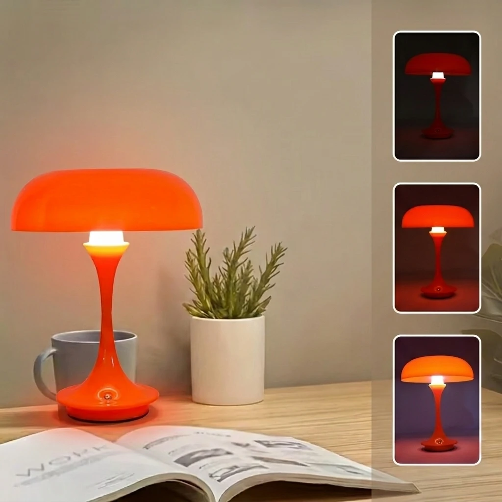LED 버섯 모양 테이블 램프, 터치 컨트롤 3색 조광 가능, 모던 오렌지 침실 장식 램프, 침실 및 사무실용