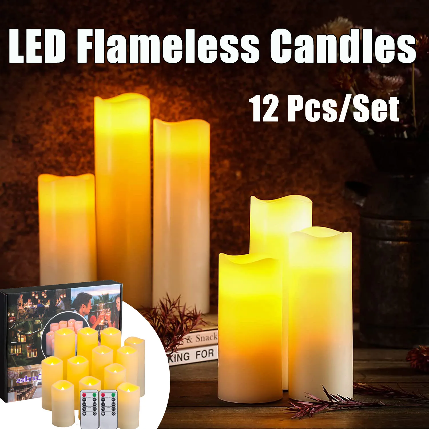 12pcs/set Flameless Candles Ivory Simulated Wax Pillar Led Waterproof
