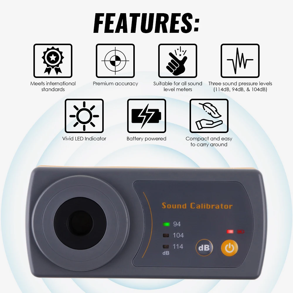 Sound Level Calibrator Meter 114dB 94dB 104dB Calibration Level For 1/2" 13.2mm Microphone Size Sound Meter 3
