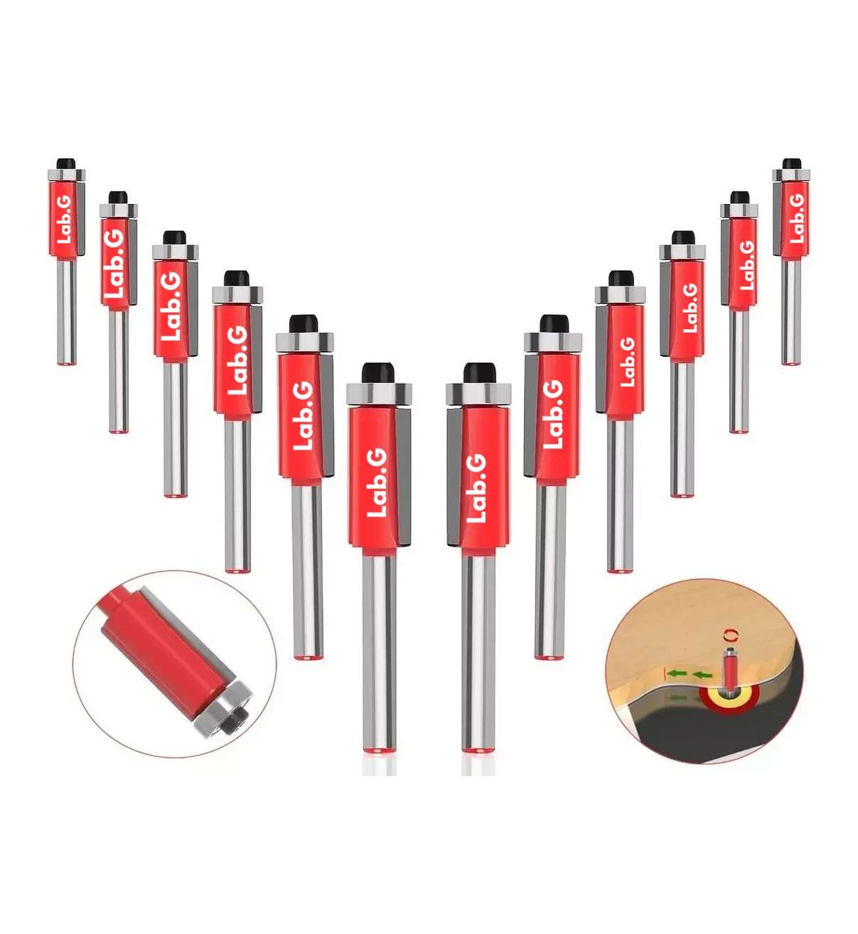 12 Brocas De Enruter Con Balero Lab.G Para Madera 1/4,5/16,3/8,1/2 Rojo