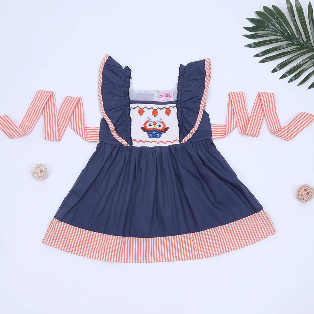 

2023 Smock Exquisite Summer Cotton Orange Stripe Sleeveless Square Neck Dress Owl Embroidery Girl Blue Skirt Bow Binding Clothes