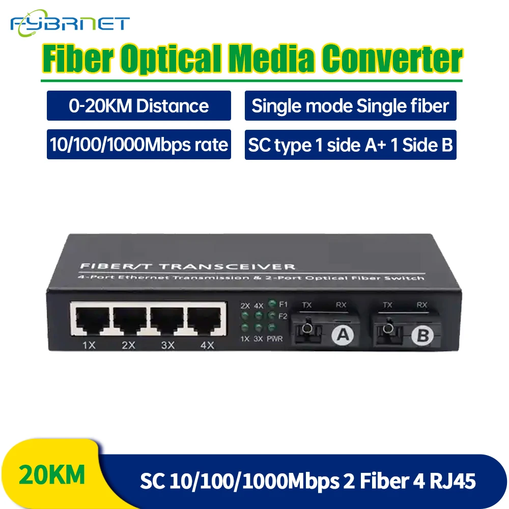 1 Pcs Gigabit Ethernet fiber switch SC Singlemode 20KM 2 SC fiber 4 RJ45 port 10/100/1000M Gigabit Fiber Optical Media converter