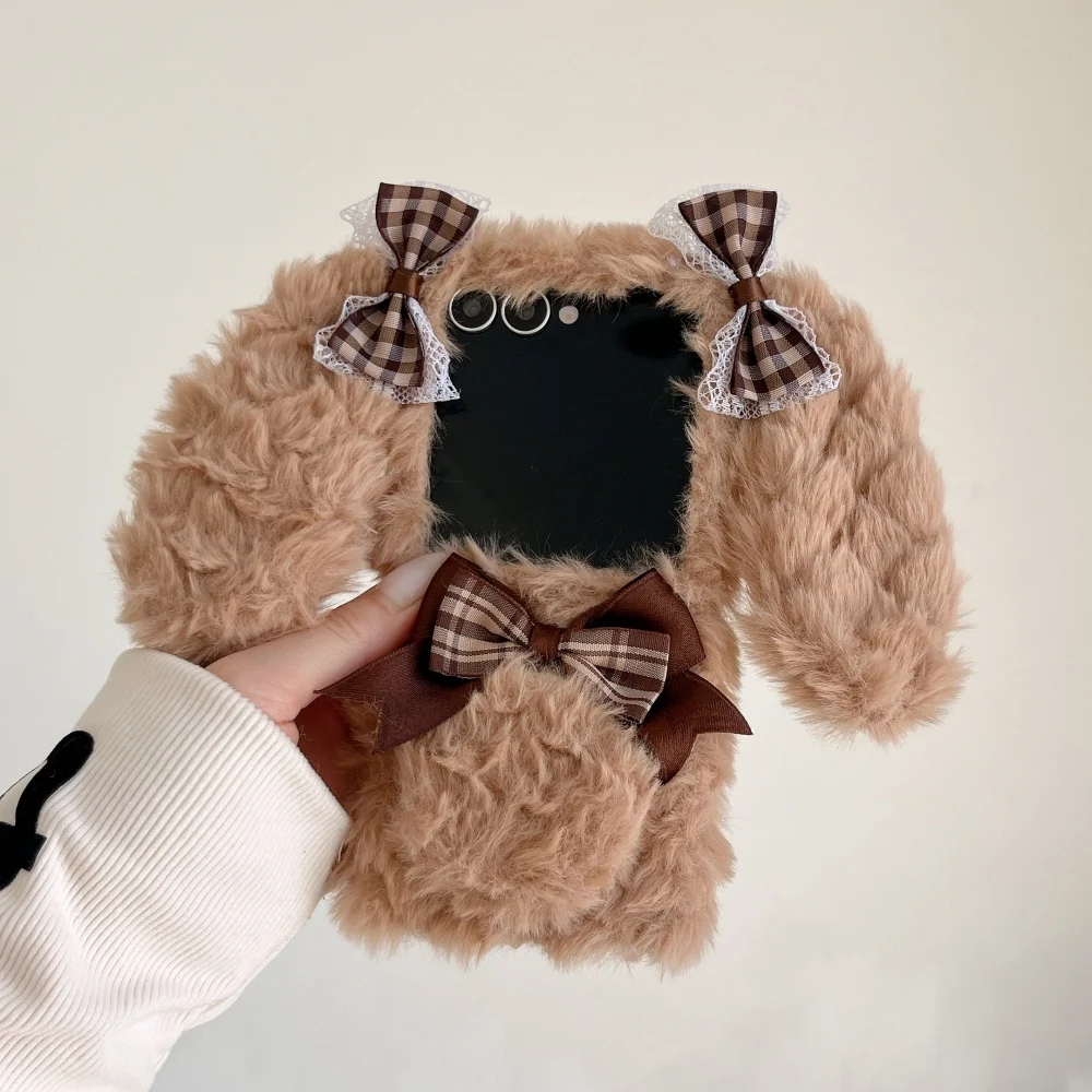 Chic Plush Plaid Bow Bunny Phone Case - Fashionable Shockproof Protection