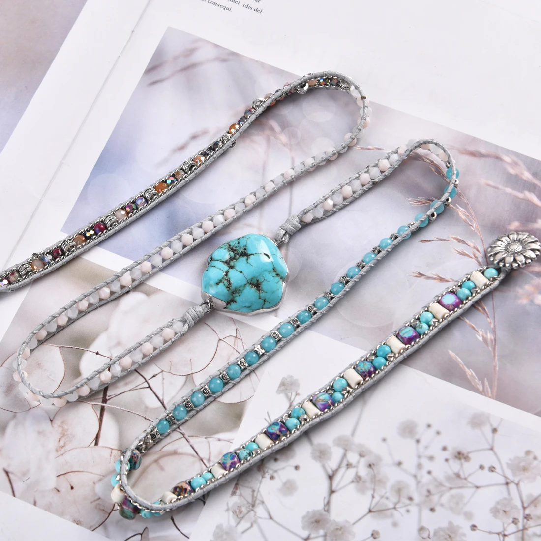 Unique Mixed Natural Stones Turquoises Charm 5 Strands Wrap Bracelets Handmade Boho Bracelet Women Wax Rope Bracelet
