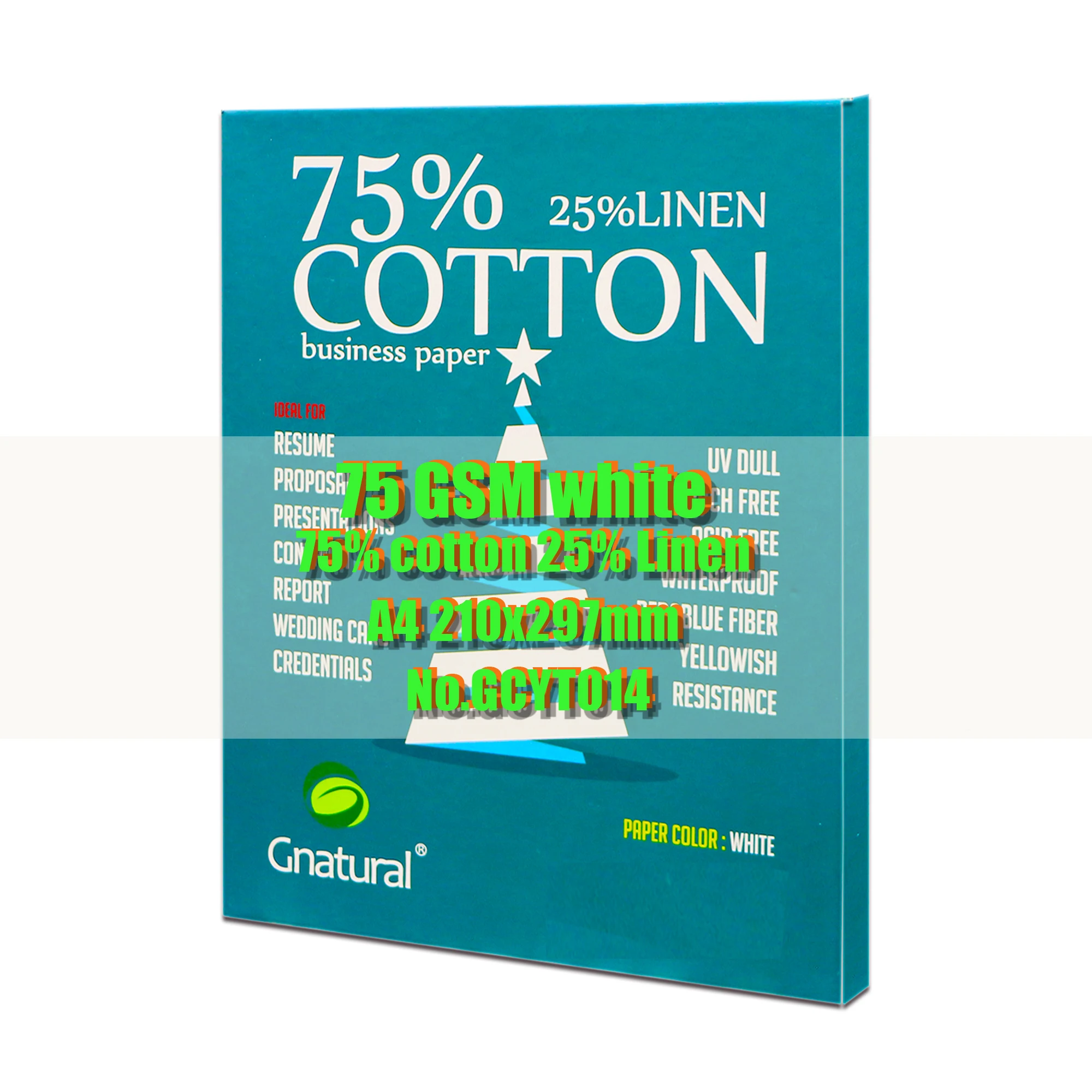 75gsm 75% Cotton 25% linen paper A4 210*297mm White color with UV invisible fiber Starch-free Waterproof 100 sheets GCYT014