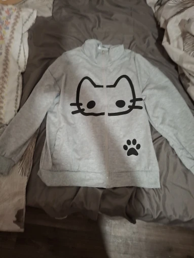 Cute Neko Print Gray Hoodie - Harajuku Aesthetic photo review
