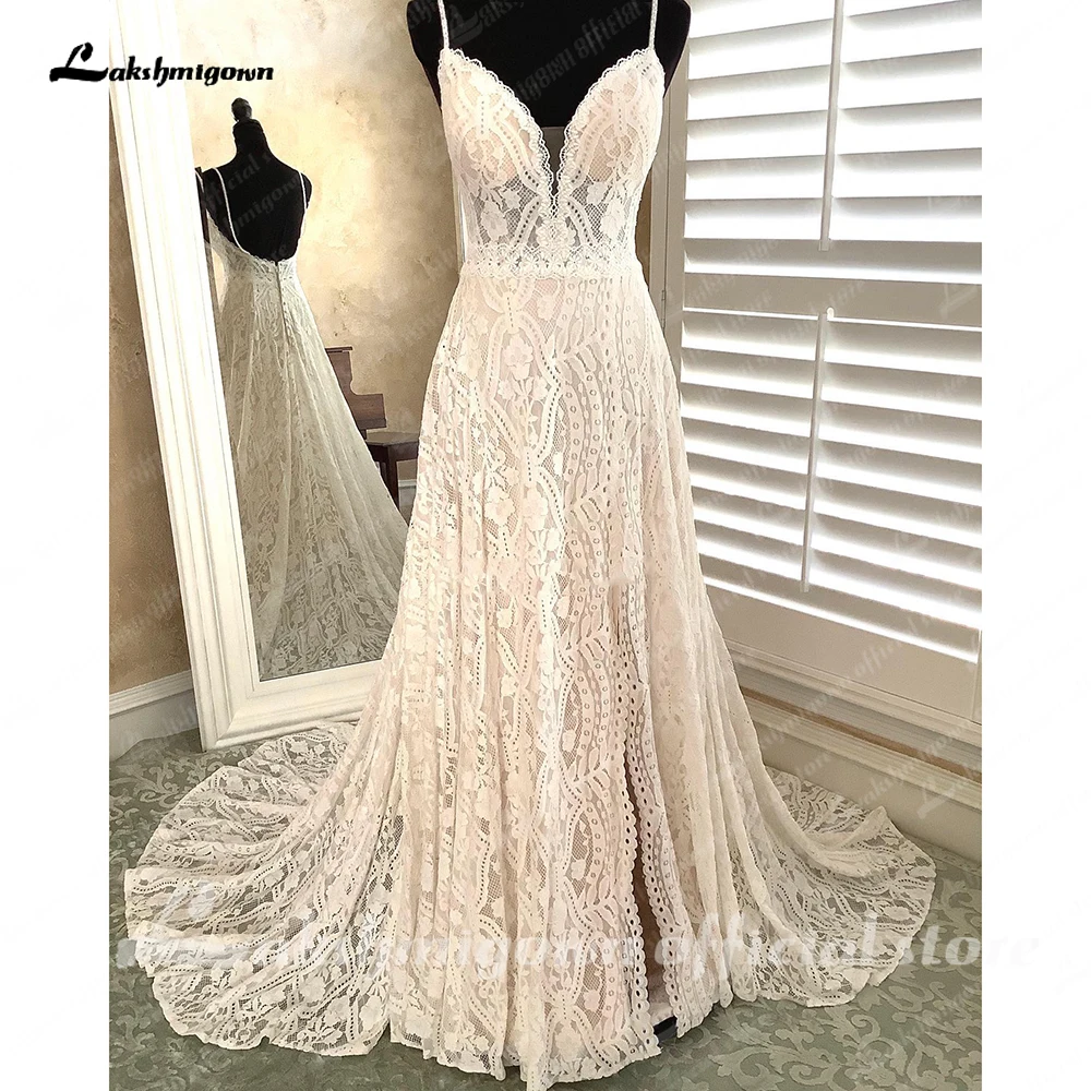 Lakshmigown Spaghetti Straps Split Boho Wedding Dress for Women Lace Robe Noel Femme Sexy Bridal Beach Wedding Gowns 4