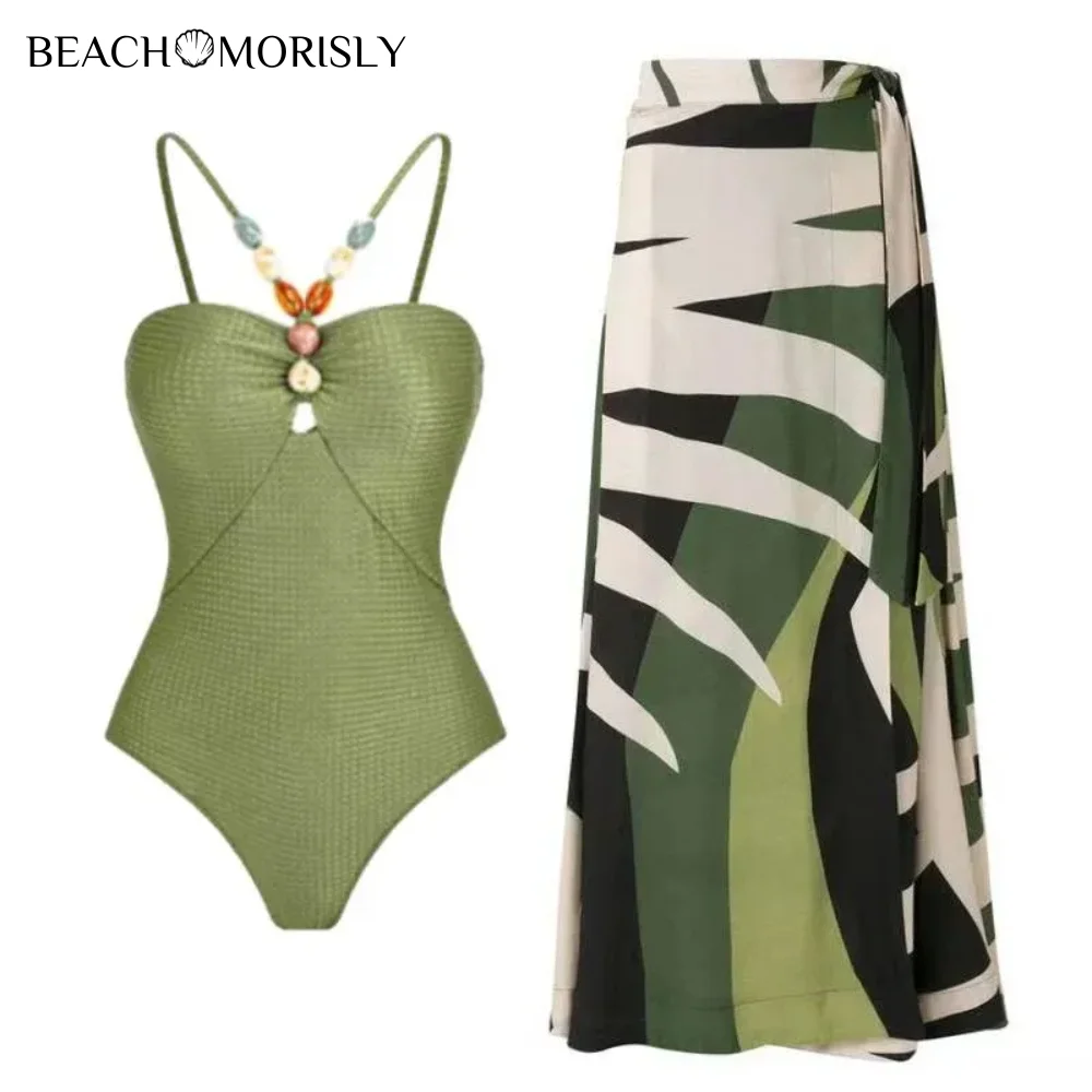 2024 New Stones Beaded Belt Cutout One Piece Swimsuit and Skirt  Summer Swimwear  Women  Beachwear Bathing Suit