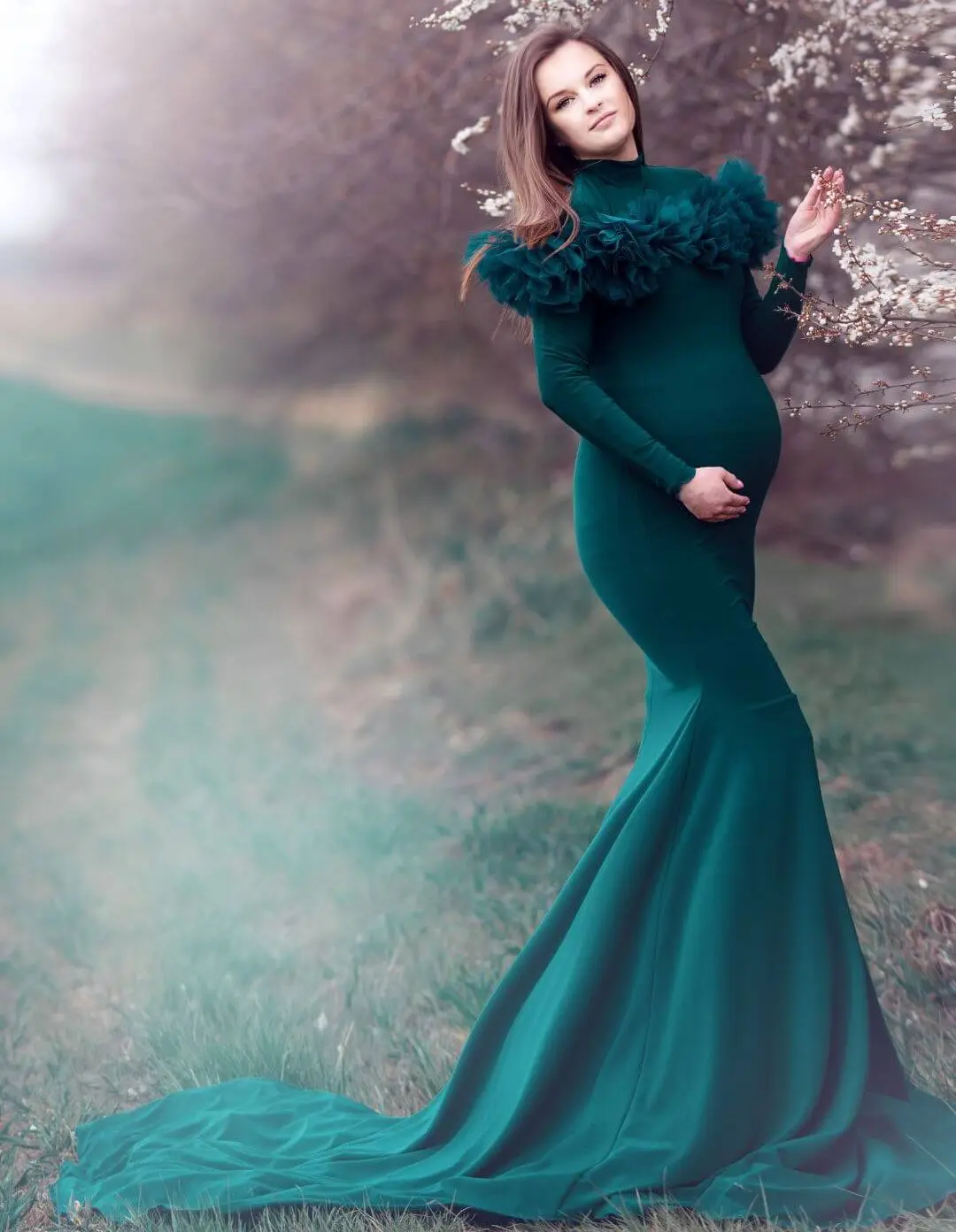 

Modest Hunter Green Pregancy Maternity Dresses Long Sleeves High Neck Mixi Ruffles Mermaid Babyshower Gowns For Photo Shoot